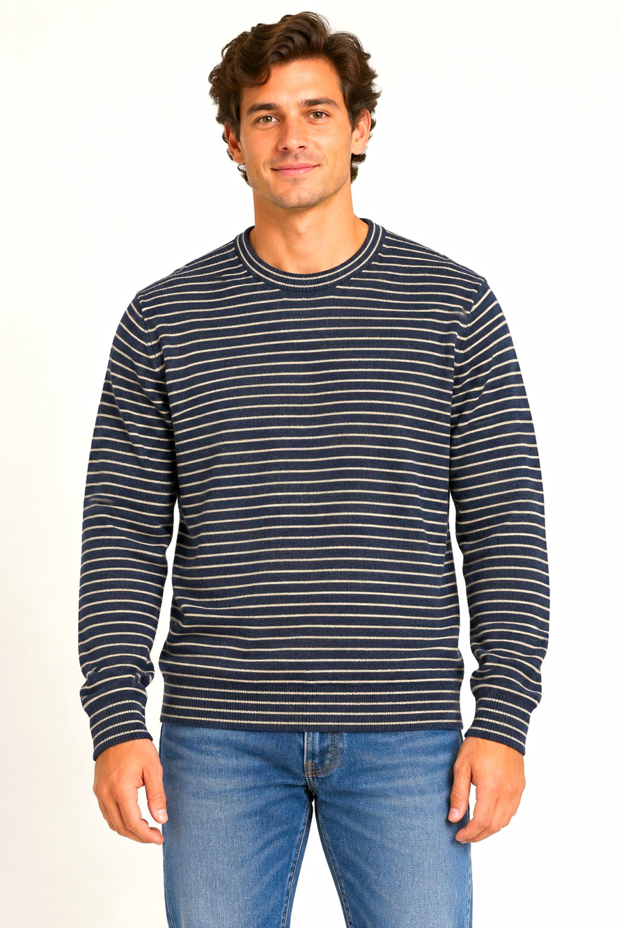 American Eagle Sweater Large Navy Cream Striped Cotton Crew Neck Long Sleeve